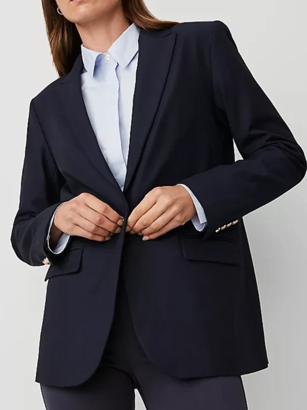 ANN TAYLOR NIGHT SKY BLUE LONGLINE BI-STRETCH TWILL BLAZER JACKET SZ 8 EUC Work